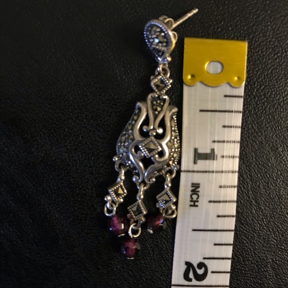 SILVER AND MARCASITE EARRINGS WITH GARNETS - Picture 7 of 8